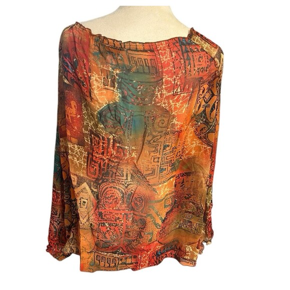 Chico's 100% Silk Sheer Paisley  Boho Brown Tie Neck Dolman Long Sleeves Top 3 - Picture 7 of 8